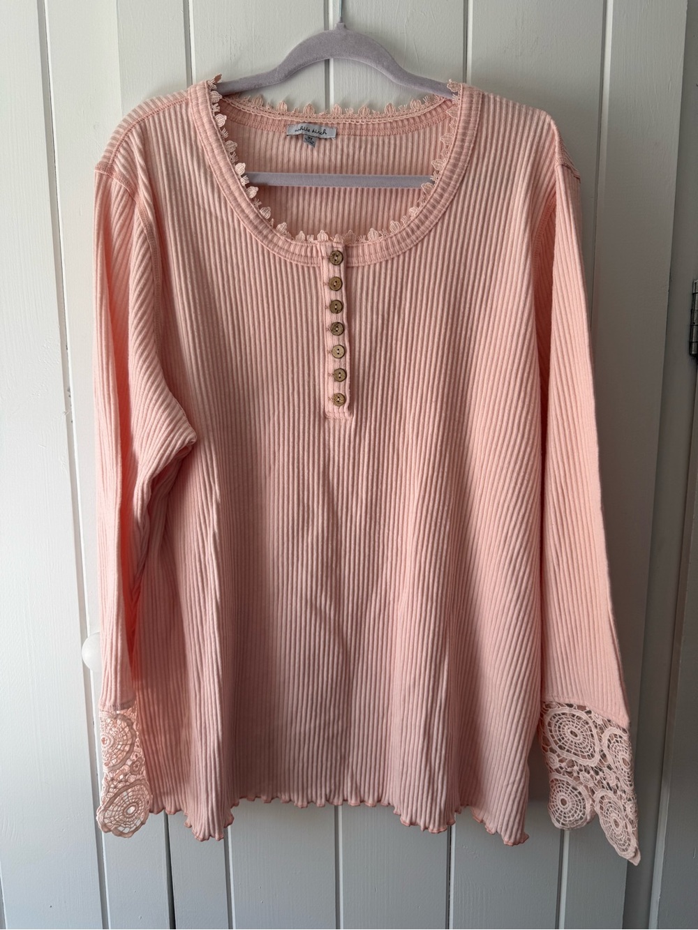 white birch Blush Ribbed Henley with Lace Trim